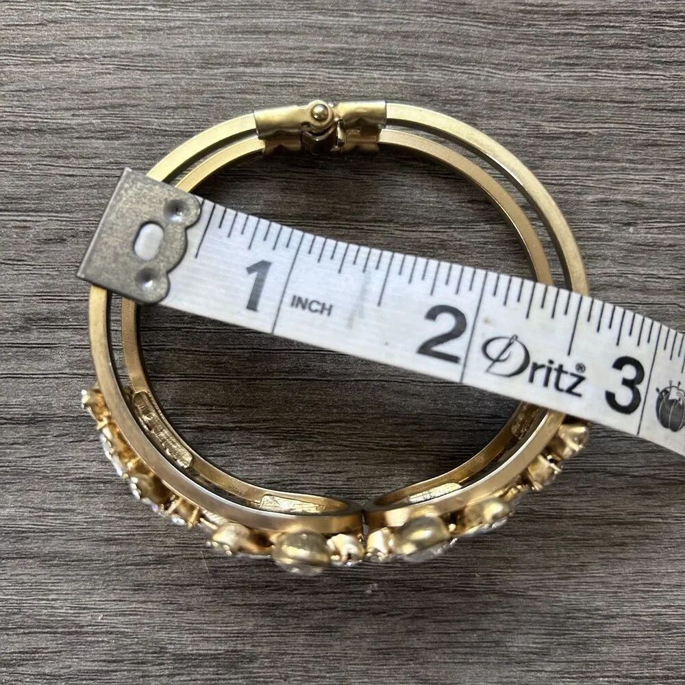 Gold Tone Floral Crystal Hinged Bracelet Rhinestone Flower Cluster Cuff - Picture 7 of 9